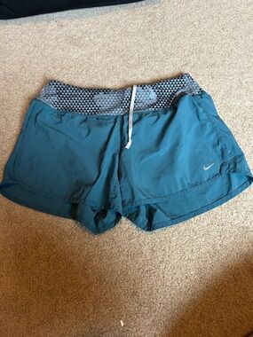 Nike Teal Athletic Shorts with Patterned Gray Waistband